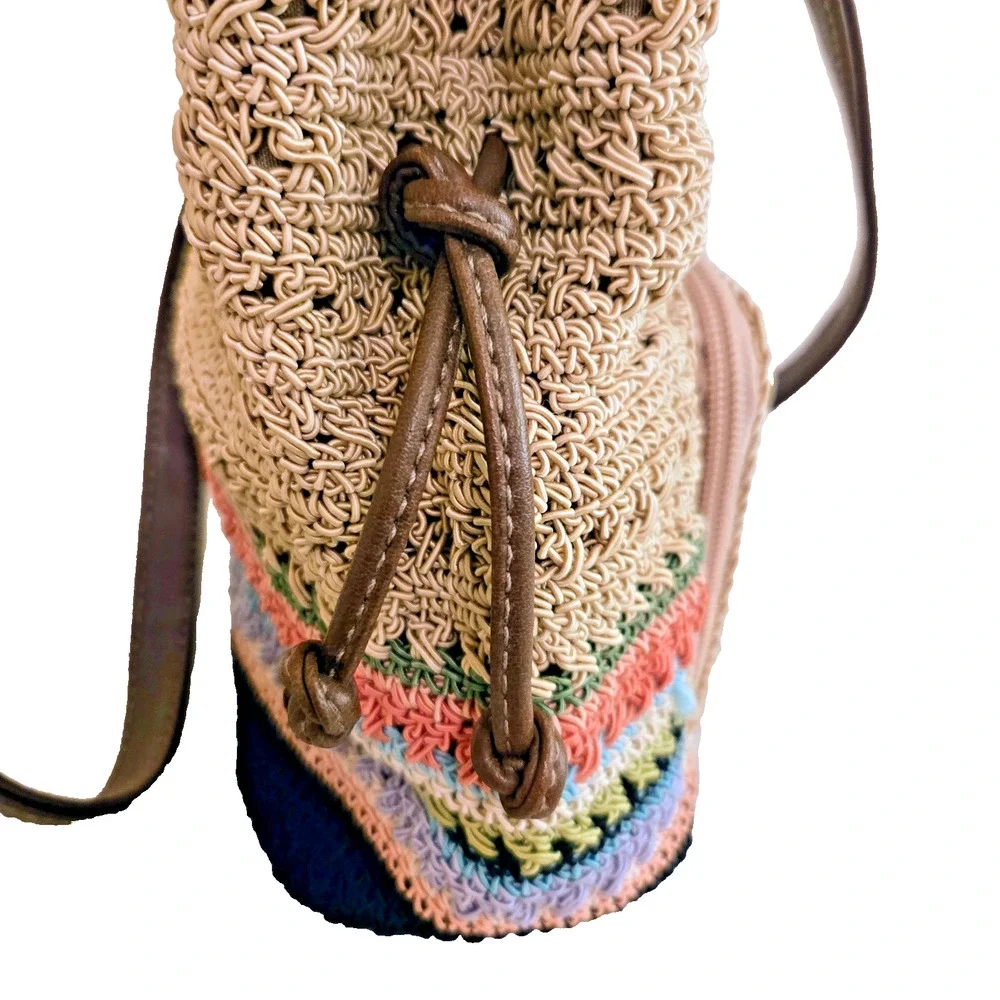 Rosetti Summer Boho Hippie Multicolor Stripes and Tan Raffia Look Handbag Purse